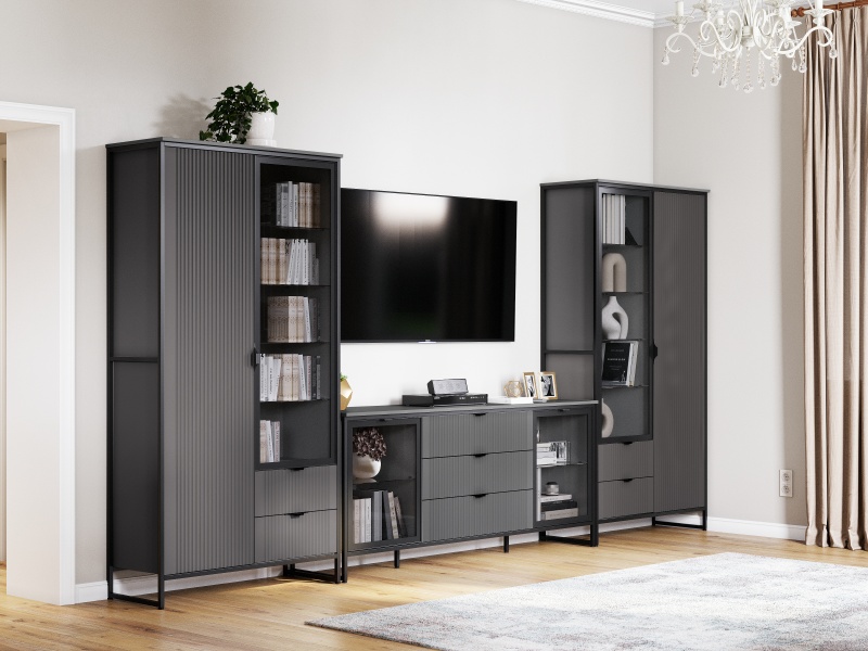 Тумба 2 дв 3 ящ "Нора" гостиная со стеклянными дверями Графит Тумба 2 дв 3 ящ "Нора" гостиная со стеклянными дверями Графит